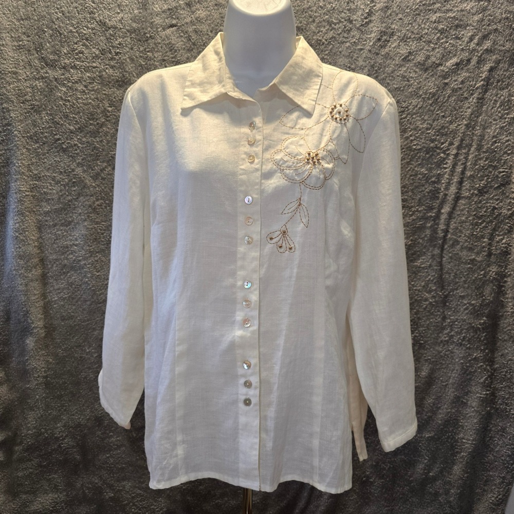 Richard Malcolm Womens XL White 100% Linen Floral Embroidered Button Front Shirt
